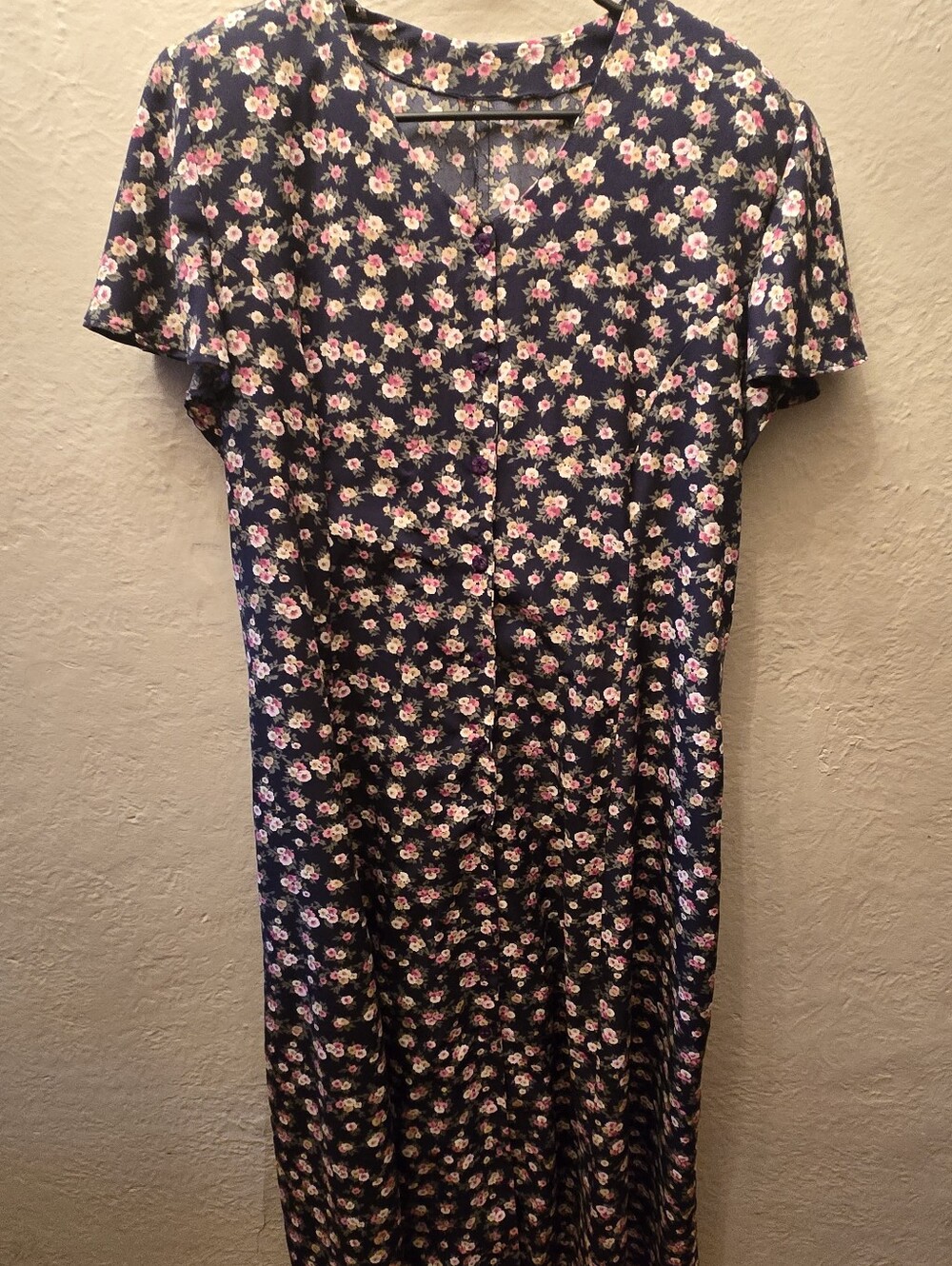 Vintage 80s Floral Midi Dress Shoulder Pads Navy Grunge Cottagecore L XL